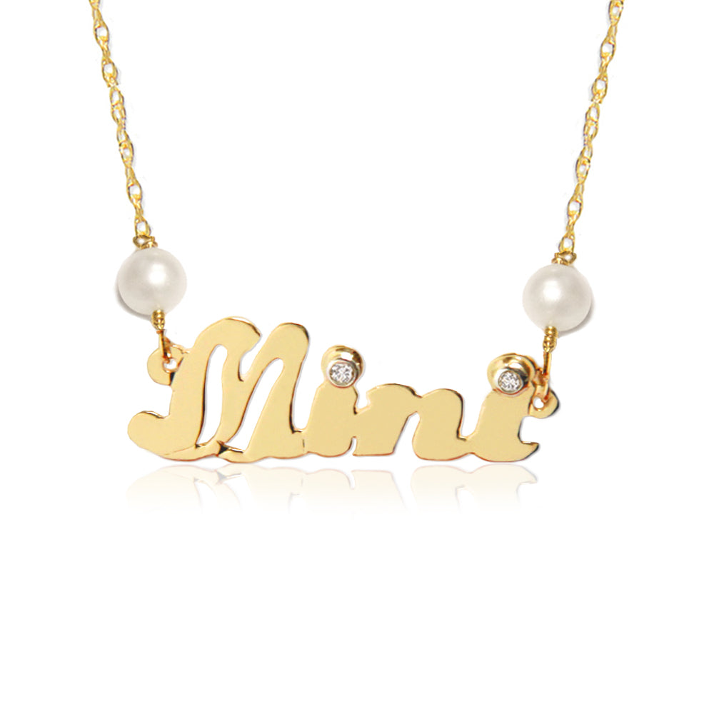14K Gold Diamond and Pearl Nameplate Necklace